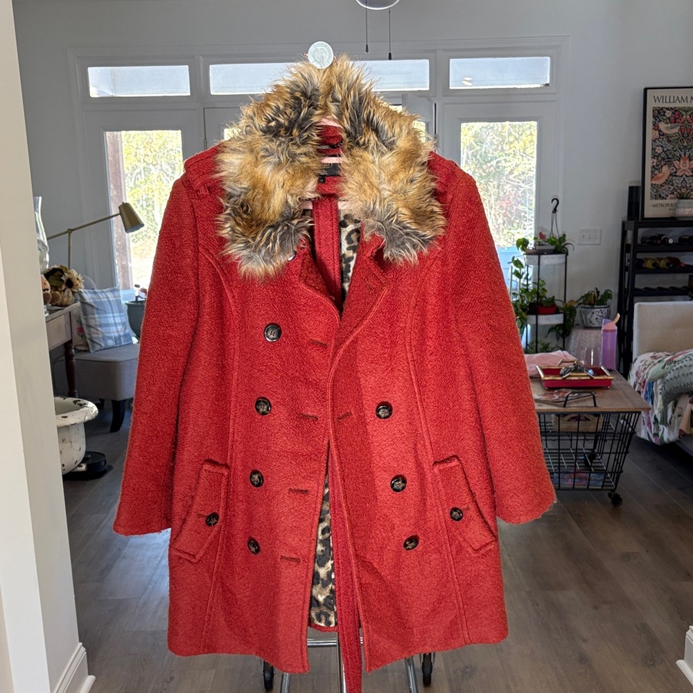 Laundry By Shelli Segal Scarlet Pea Coat with Faux Fur Trim